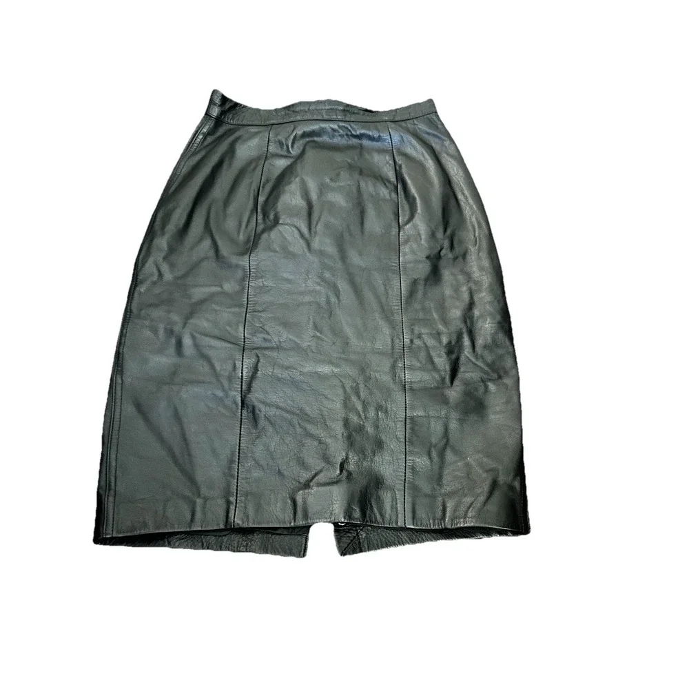 Vintage GIII Black Leather Pencil Skirt Womens 7/8 Snap Slit Y2K 90s Retro